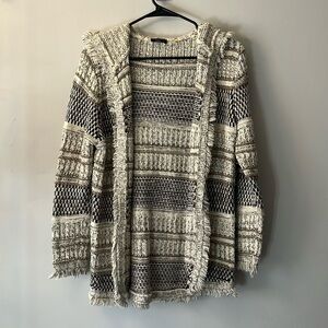 Dex Cream Beige Brown Hooded Open Front Cozy Boho Cardigan Knit Sweater Size S